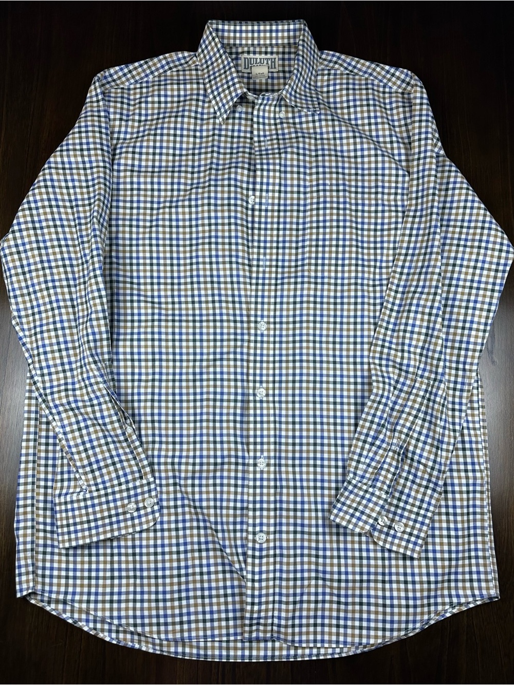 Duluth Trading Shirt Mens Large Tall Blue White Brown Check Button Up Casual